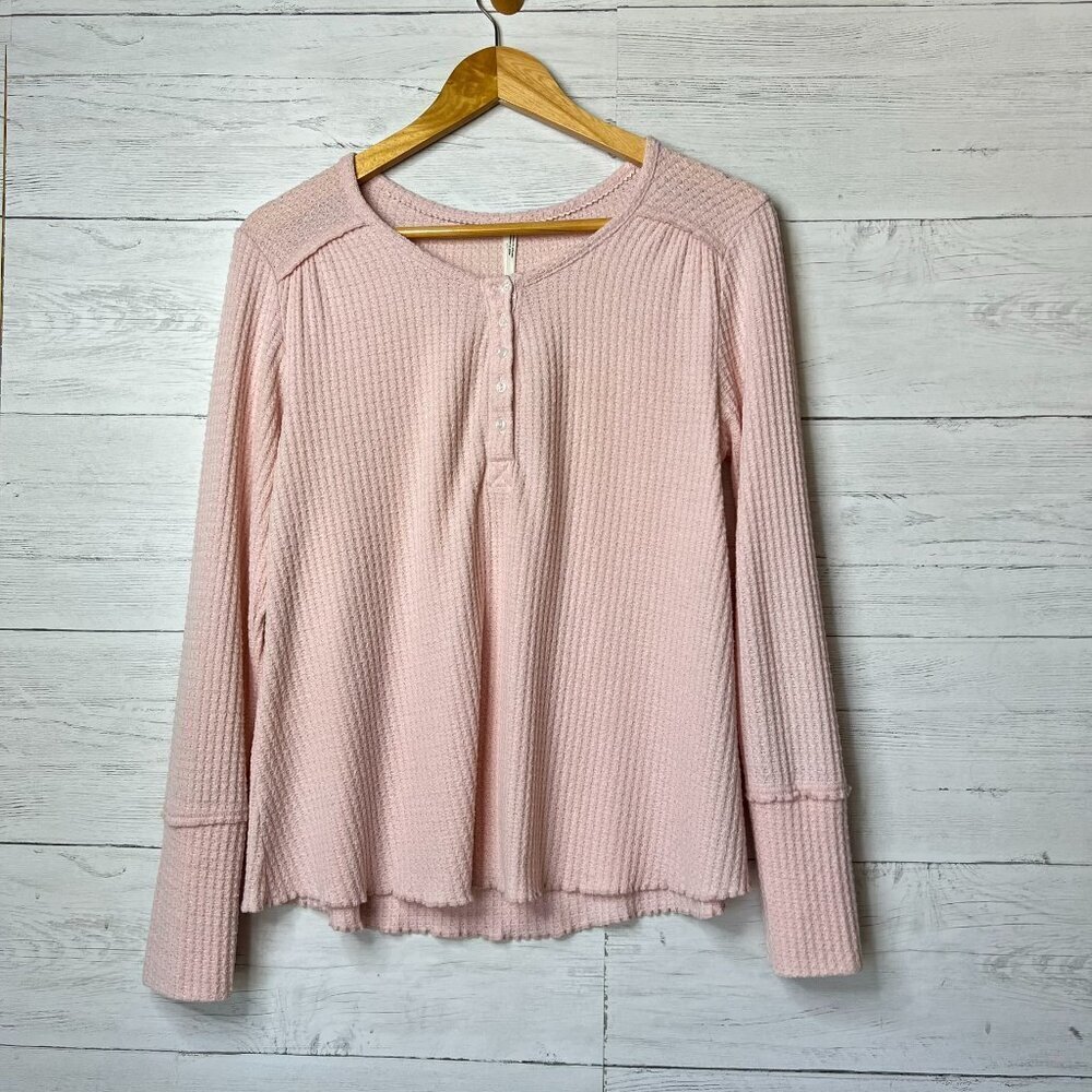By Anthropologie Top Womens Size Small Pale Pink Waffle Knit Henley Thermal
